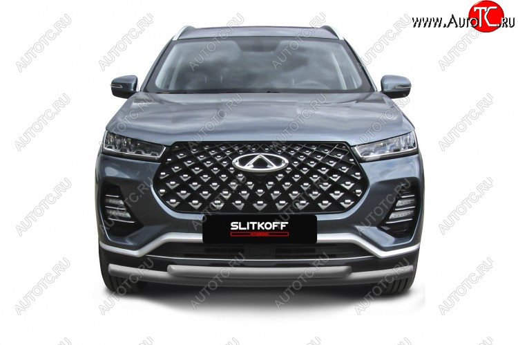 8 699 р. Защита переднего бампера Slitkoff (Ø 57+Ø 42 мм). Chery Tiggo 7 PRO (2019-2024) (Цвет: серебристый)  с доставкой в г. Нижний Новгород