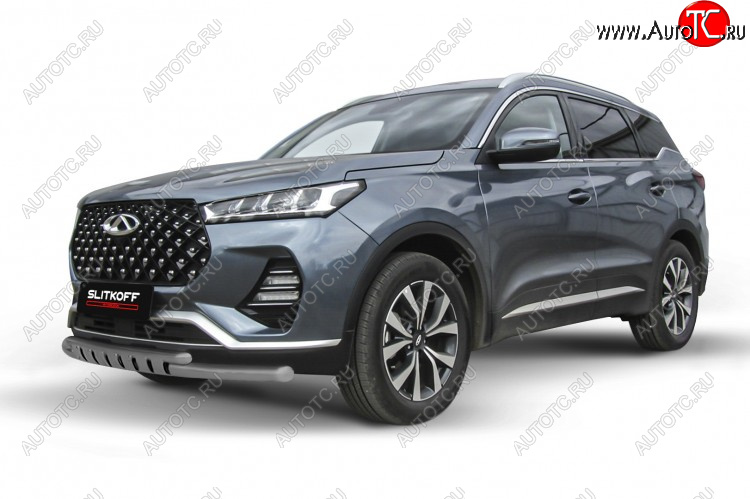 10 649 р. Защита переднего бампера Slitkoff (Ø 57+Ø 42 мм). Chery Tiggo 7 PRO (2019-2024) (Цвет: серебристый)  с доставкой в г. Нижний Новгород