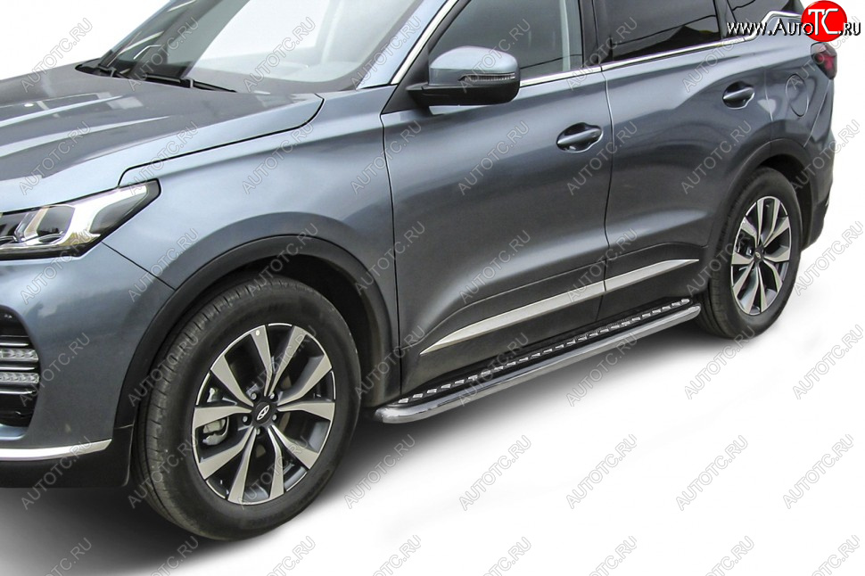 15 499 р. Защита порогов Slitkoff (Ø 57 мм, с листом) Chery Tiggo 7 PRO (2019-2024) (Нержавеющая сталь)  с доставкой в г. Нижний Новгород