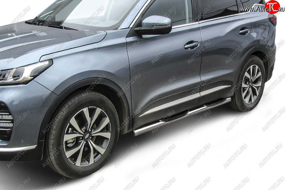 17 899 р. Защита порогов Slitkoff (Ø 76 мм, с проступями)  Chery Tiggo 7 PRO (2019-2024) (Нержавеющая сталь)  с доставкой в г. Нижний Новгород