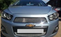 1 539 р. Нижняя сетка на бампер Russtal (хром)  Chevrolet Aveo  T300 (2011-2015) седан, хэтчбек  с доставкой в г. Нижний Новгород. Увеличить фотографию 2