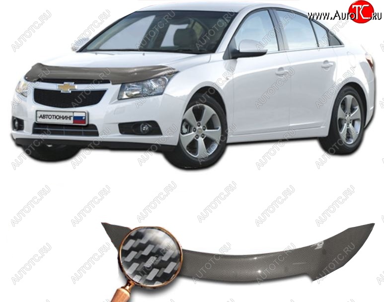 2 659 р. Дефлектор капота CA-Plastiс  Chevrolet Cruze ( J300,  D2LC) (2009-2018) седан дорестайлинг, седан рестайлинг, седан дорестайлинг (Шелкография карбон-серебро)  с доставкой в г. Нижний Новгород