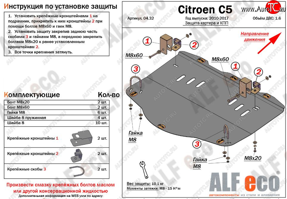 4 999 р. Защита картера двигателя и КПП (V-1,6MT) Alfeco CITROEN C5 RW доресталийнг, универсал (2008-2017) (Сталь 2 мм)  с доставкой в г. Нижний Новгород