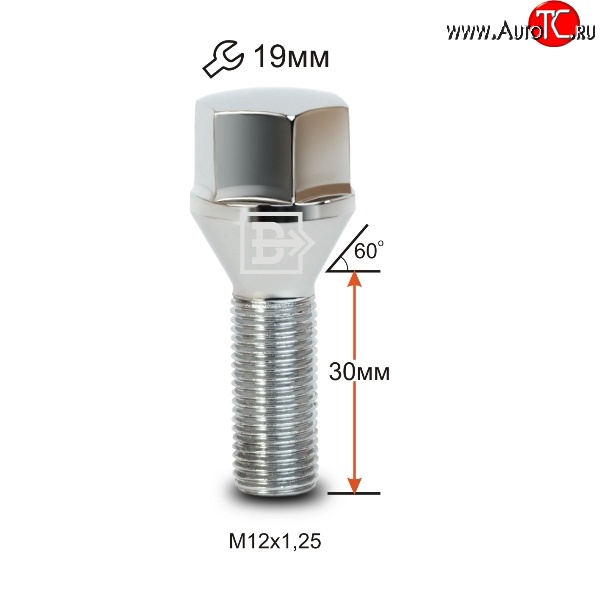 112 р. Колёсный болт длиной 30 мм Вектор M12 1.25 30 под гаечный ключ (пос.место: конус) CITROEN Berlingo B9 дорестайлинг (2008-2016)