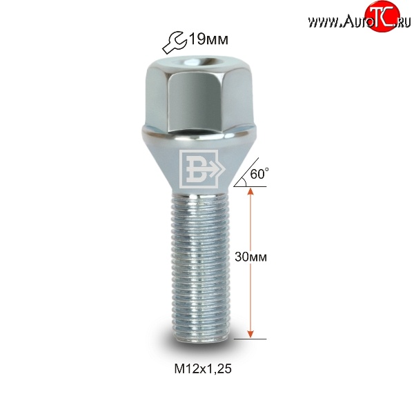 60 р. Колёсный болт длиной 30 мм Вектор M12 1.25 30 под гаечный ключ Brilliance M1 (2005-2011)