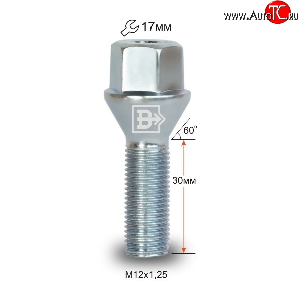 52 р. Колёсный болт длиной 30 мм Вектор M12 1.25 30 под гаечный ключ Brilliance M1 (2005-2011)