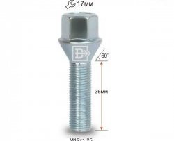 119 р. Колёсный болт длиной 36 мм Вектор M12 1.25 36 под гаечный ключ Lifan Breez (2006-2012). Увеличить фотографию 1