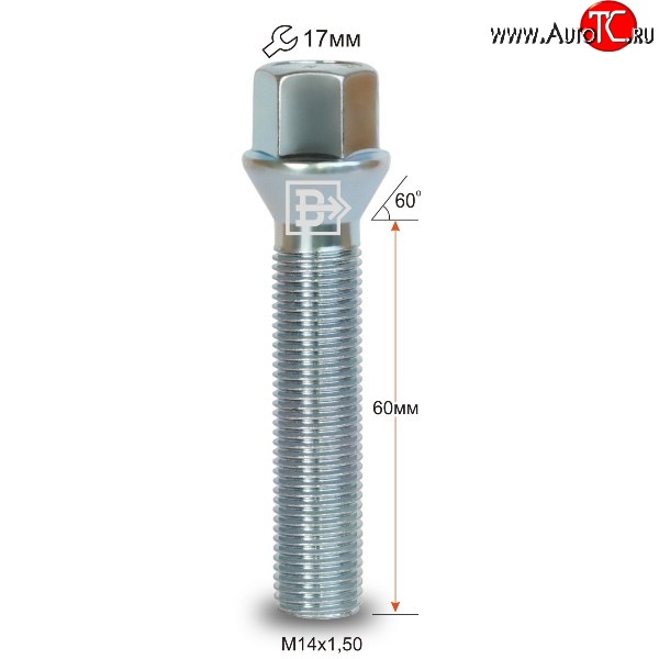 178 р. Колёсный болт длиной 60 мм Вектор M14 1.5 60 под гаечный ключ    с доставкой в г. Нижний Новгород
