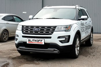 13 599 р. Защита переднего бампера Slitkoff (двойная, d76/57 мм)  Ford Explorer  U502 (2015-2018) 1-ый рестайлинг, 5 дв. (Сталь с полимерным покрытием. Цвет: чёрный)  с доставкой в г. Нижний Новгород. Увеличить фотографию 1