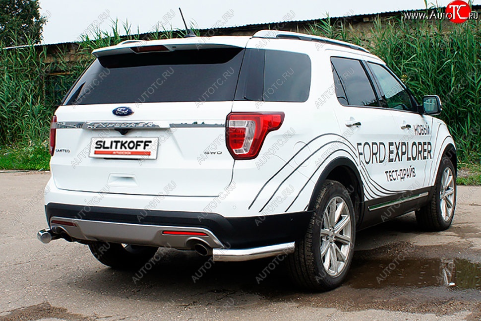 12 699 р. Защита заднего бампера Slitkoff (d76 мм, уголки)  Ford Explorer  U502 (2015-2018) 1-ый рестайлинг, 5 дв. (Нержавейка, Полированная)  с доставкой в г. Нижний Новгород