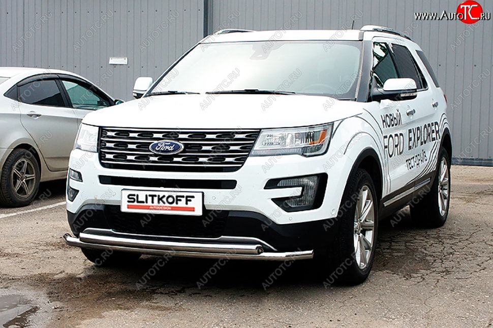 16 899 р. Защита переднего бампера Slitkoff (двойная, d57/57 мм)  Ford Explorer  U502 (2017-2019) 2-ой рестайлинг, 5 дв. (Нержавейка, Полированная)  с доставкой в г. Нижний Новгород