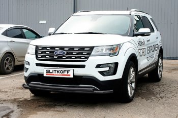 16 899 р. Защита переднего бампера Slitkoff (двойная, d57/57 мм)  Ford Explorer  U502 (2017-2019) 2-ой рестайлинг, 5 дв. (Нержавейка, Полированная)  с доставкой в г. Нижний Новгород. Увеличить фотографию 2