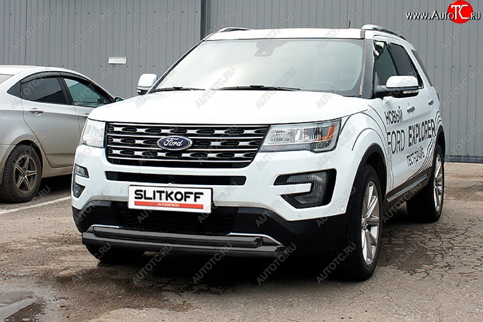 17 349 р. Защита переднего бампера Slitkoff (двойная, d76/57 мм)  Ford Explorer  U502 (2017-2019) 2-ой рестайлинг, 5 дв. (Сталь с полимерным покрытием. Цвет: чёрный)  с доставкой в г. Нижний Новгород