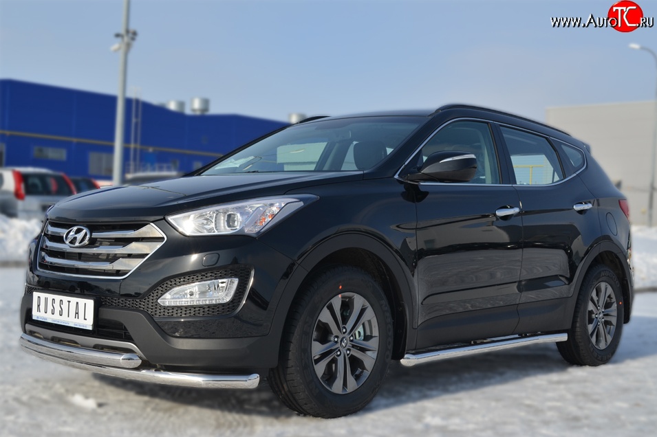 14 849 р. Защита порогов из круглой трубы диаметром 63 мм Russtal Hyundai Santa Fe DM дорестайлинг (2012-2016) (Защита порогов с со скосами на торцах (вариант 1))  с доставкой в г. Нижний Новгород