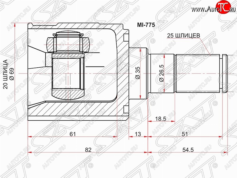 2 499 р. ШРУС SAT (внутренний, 20*25*35 мм) KIA Picanto 1 SA хэтчбэк 5 дв. 1-ый рестайлинг (2007-2010)  с доставкой в г. Нижний Новгород