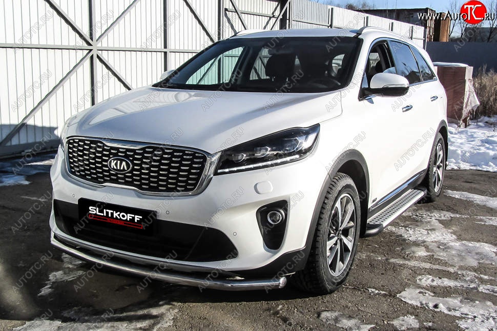 12 999 р. Защита переднего бампера Slitkoff (двойная, d57/42)  KIA Sorento  UM/Prime (2018-2020) рестайлинг (Нержавейка, Полированная)  с доставкой в г. Нижний Новгород