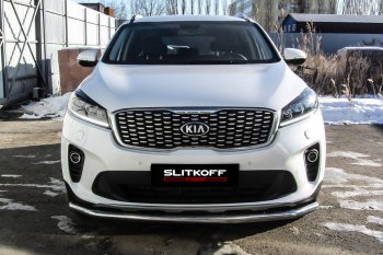 12 999 р. Защита переднего бампера Slitkoff (двойная, d57/42)  KIA Sorento  UM/Prime (2018-2020) рестайлинг (Нержавейка, Полированная)  с доставкой в г. Нижний Новгород. Увеличить фотографию 2