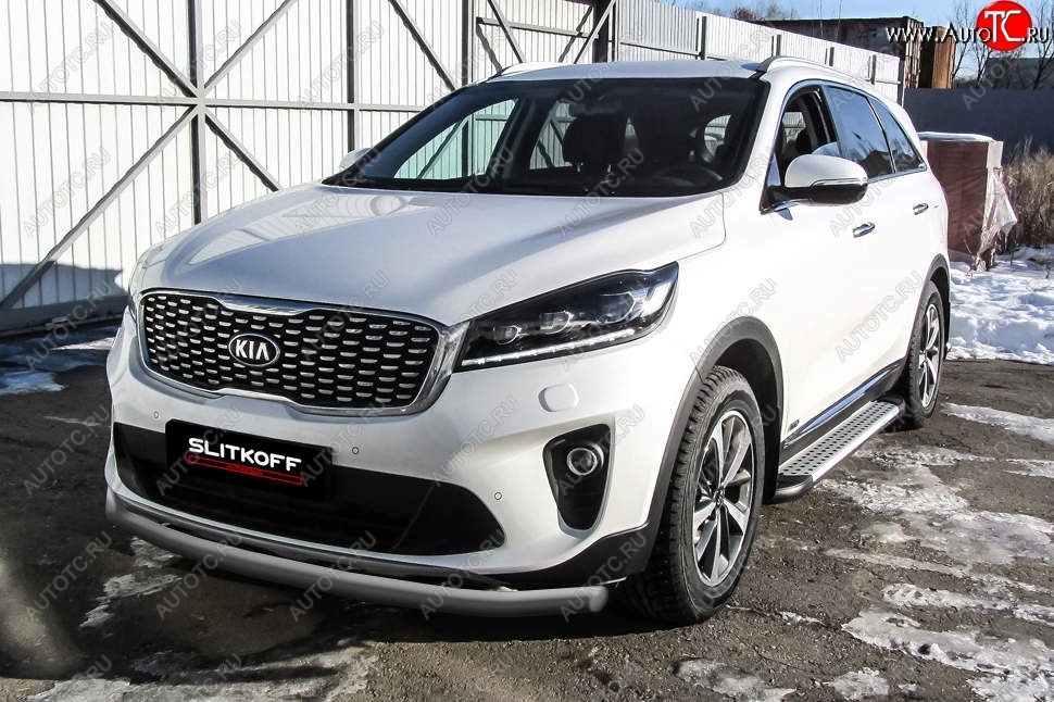 11 649 р. Защита переднего бампера Slitkoff (двойная, d57/42)  KIA Sorento  UM/Prime (2018-2020) рестайлинг (Сталь с полимерным покрытием. Цвет: серебристый)  с доставкой в г. Нижний Новгород