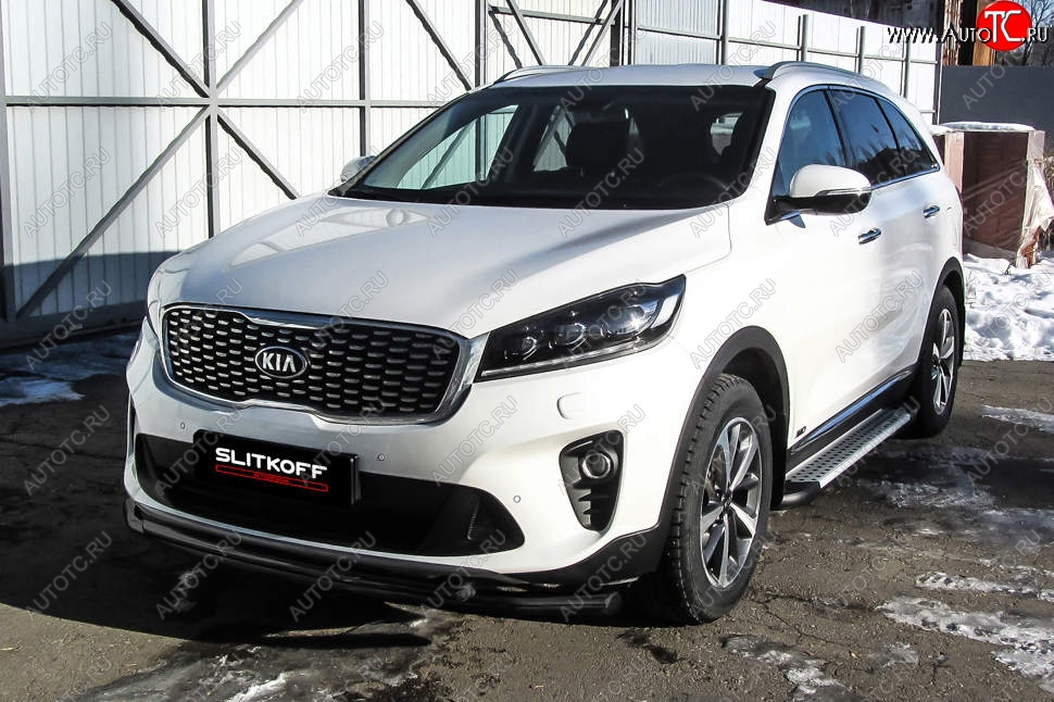 8 449 р. Защита переднего бампера Slitkoff (двойная, d57/42) KIA Sorento UM/Prime рестайлинг (2018-2020) (Сталь с полимерным покрытием. Цвет: чёрный)  с доставкой в г. Нижний Новгород