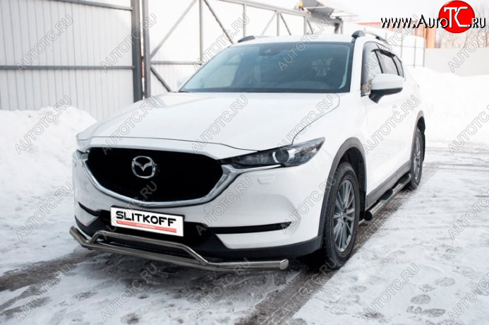 9 199 р. Защита переднего бампера Slitkoff (Ø 57+Ø 32, двойная). Mazda CX-5 KF (2016-2024) (Сталь с полимерным покрытием. Цвет: серебристый)  с доставкой в г. Нижний Новгород