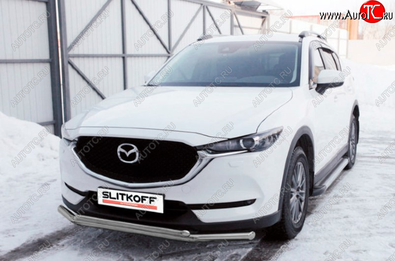 9 199 р. Защита переднего бампера Slitkoff (Ø 57+Ø 42, двойная). Mazda CX-5 KF (2016-2024) (Сталь с полимерным покрытием. Цвет: серебристый)  с доставкой в г. Нижний Новгород