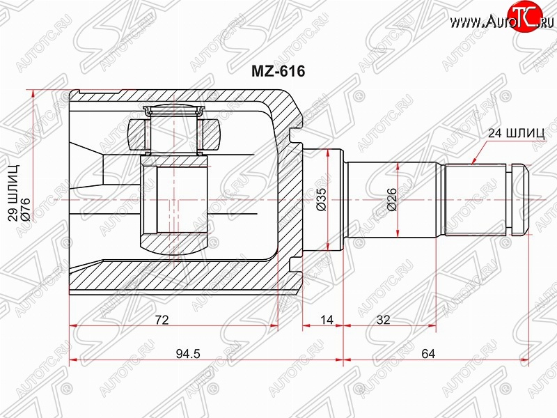 6 549 р. Шрус (внутренний/левый) SAT (29*24*35 мм) Mazda 323/Familia седан BJ дорестайлинг (1998-2000)  с доставкой в г. Нижний Новгород