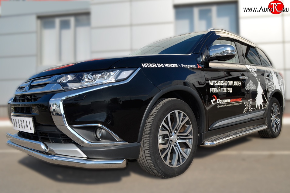 22 949 р. Защита переднего бампера (2 трубыØ75х42 и 63 мм, нержавейка) Russtal Mitsubishi Outlander GF 2-ой рестайлинг (2015-2018)  с доставкой в г. Нижний Новгород