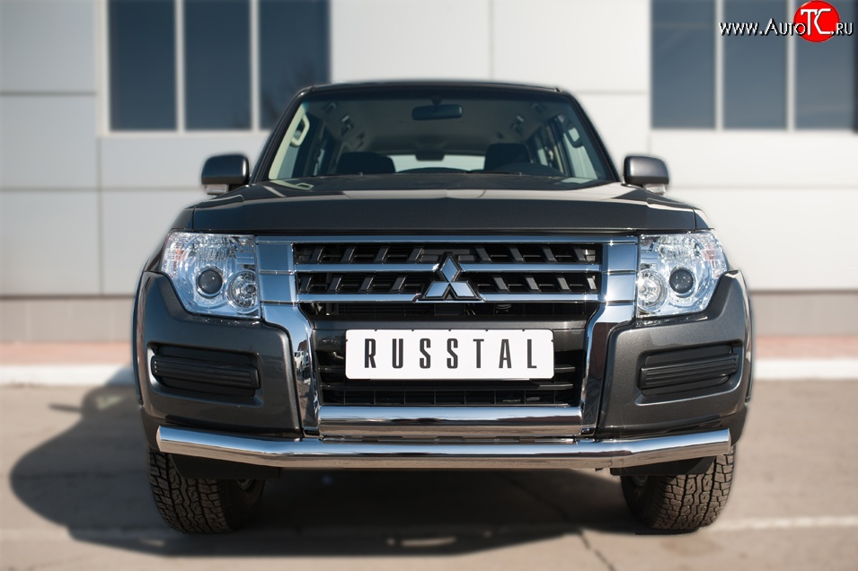 22 949 р. Защита переднего бампера (2 трубы Ø76 и 75х42 мм, нержавейка) Russtal Mitsubishi Pajero 4 V90 2-ой рестайлинг (2014-2020)  с доставкой в г. Нижний Новгород