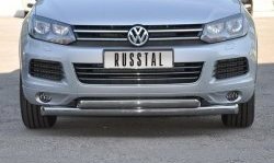 Защита переднего бампера (2 трубыØ76 и 63 мм, нержавейка) Russtal Volkswagen Touareg NF дорестайлинг (2010-2014)