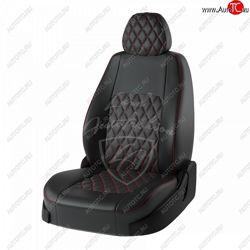 7 999 р. Чехлы для сидений Lord Autofashion Турин Ромб (экокожа) Nissan Almera G15 седан (2012-2019) (Черный, вставка черная, строчка красная)  с доставкой в г. Нижний Новгород