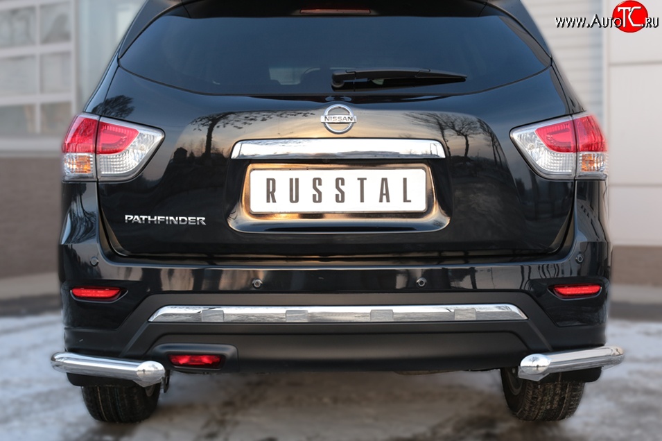 6 399 р. Защита заднего бампера (Ø63 мм уголки, нержавейка) Russtal Nissan Pathfinder R52 дорестайлинг (2012-2017)  с доставкой в г. Нижний Новгород