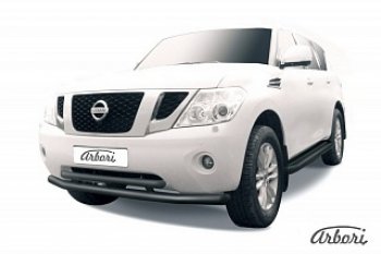 Защита переднего бампера Arbori (черная, 2 трубы d76 и 57 mm) Nissan Patrol 6 Y62 дорестайлинг (2010-2014)