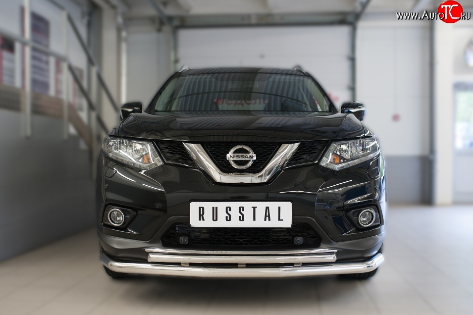 14 799 р. Защита переднего бампера (2 трубыØ63 и 42 мм, нержавейка) SLITKOFF Nissan X-trail 3 T32 дорестайлинг (2013-2018)  с доставкой в г. Нижний Новгород