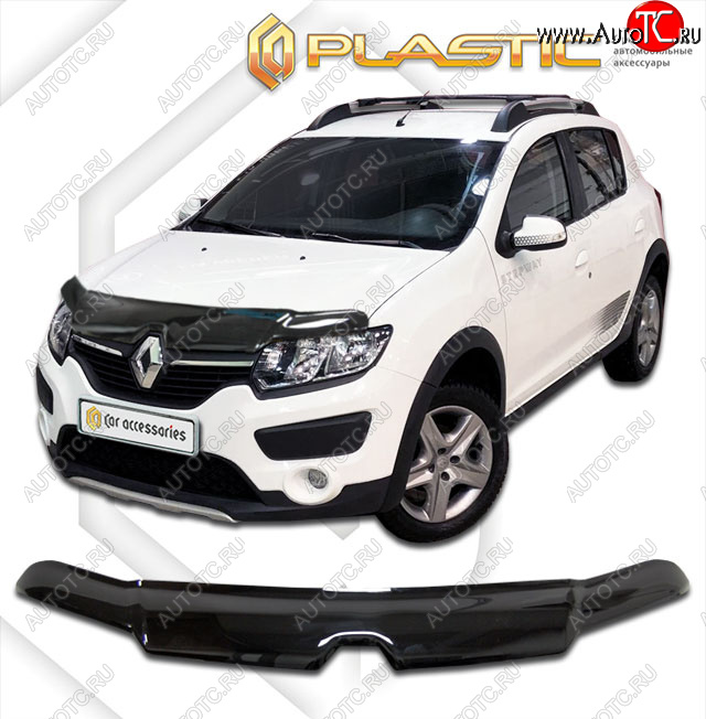 2 299 р. Дефлектор капота CA-Plastic  Renault Sandero Stepway  (B8) (2014-2022) дорестайлинг, рестайлинг (classic черный, без надписи)  с доставкой в г. Нижний Новгород