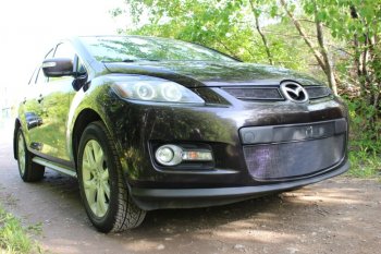 3 199 р. Защитная сетка в бампер (низ, ячейка 3х7 мм) Alfeco Стандарт Mazda CX-7 ER дорестайлинг (2006-2010) (Чёрная)  с доставкой в г. Нижний Новгород. Увеличить фотографию 2