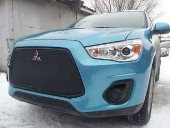 3 679 р. Защитная сетка в бампер (низ, ячейка 4х10 мм) Alfeco Премиум Mitsubishi ASX 1-ый рестайлинг (2013-2016) (Чёрная)  с доставкой в г. Нижний Новгород. Увеличить фотографию 2