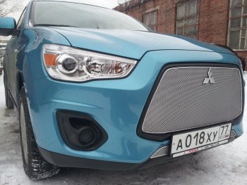 5 999 р. Защитная сетка в бампер (верх, ячейка 4х10 мм) Alfeco Премиум Mitsubishi ASX 1-ый рестайлинг (2013-2016) (Хром)  с доставкой в г. Нижний Новгород. Увеличить фотографию 2