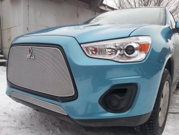 4 299 р. Защитная сетка в бампер (низ, ячейка 4х10 мм) Alfeco Премиум Mitsubishi ASX 1-ый рестайлинг (2013-2016) (Хром)  с доставкой в г. Нижний Новгород. Увеличить фотографию 2