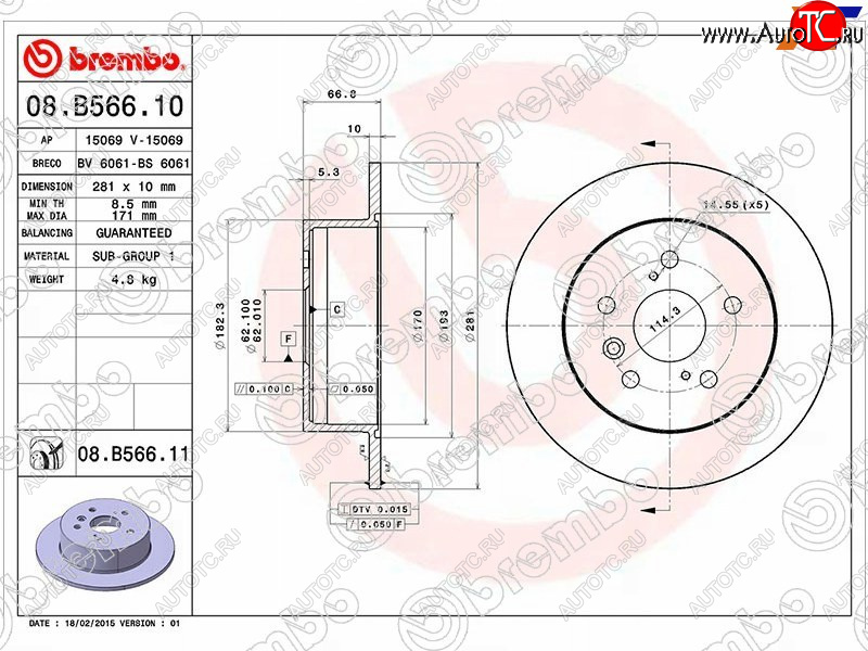 5 299 р. Задний тормозной диск (не вентилируемый, d 281) BREMBO  Toyota Camry  XV40 (2006-2011) дорестайлинг, рестайлинг  с доставкой в г. Нижний Новгород