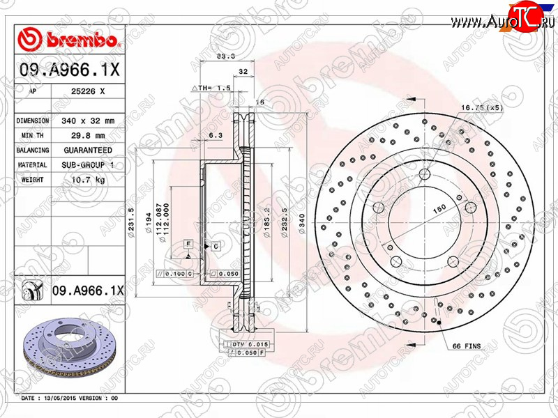 13 849 р. Тормозной передний диск (Ø340) BREMBO  Lexus LX570 J200 дорестайлинг (2007-2012)  с доставкой в г. Нижний Новгород