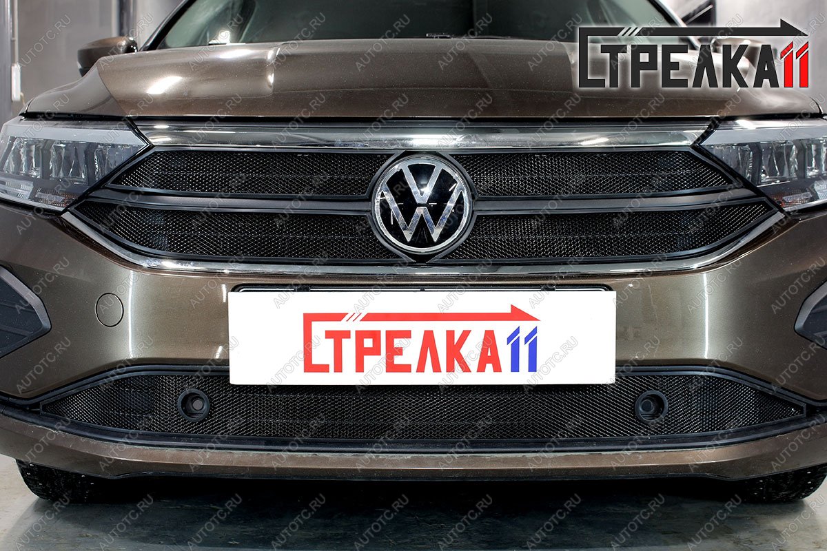 5 699 р. Защита радиатора (верх 4 части) (Origin, Respect, Status) Стрелка11 Стандарт Volkswagen Polo Mk6 лифтбек (2020-2022) (черная)  с доставкой в г. Нижний Новгород