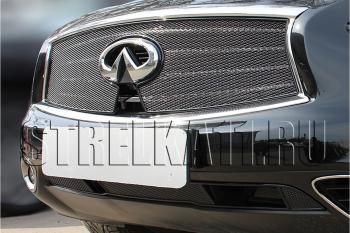 Защита радиатора (верх с вырезом под камеру) Стрелка11 Премиум INFINITI QX70 S51 (2013-2020)  (черная)