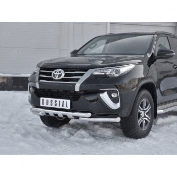 20 849 р. Защита переднего бампера (Ø63 мм с клыками, нержавейка) Russtal Toyota Fortuner AN160 дорестайлинг (2015-2020)  с доставкой в г. Нижний Новгород. Увеличить фотографию 4