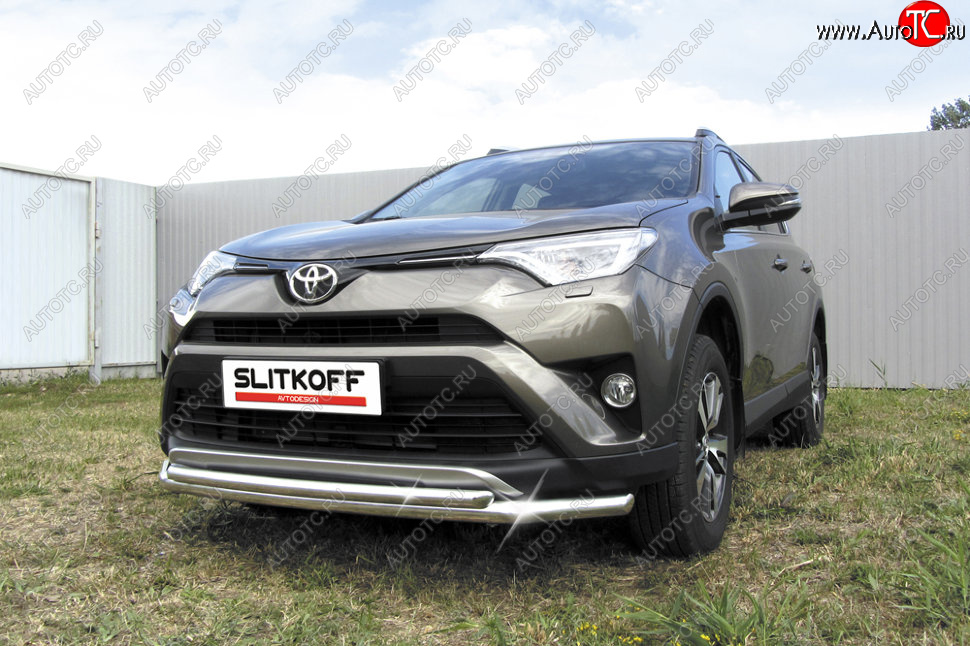 13 699 р. Защита переднего бампера Slitkoff (Ø57 и 42 мм) Toyota RAV4 XA40 5 дв. рестайлинг (2015-2019) (Нержавейка полированная)  с доставкой в г. Нижний Новгород